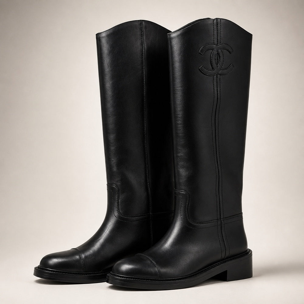 Chanel Riding Boots CC Black Leather